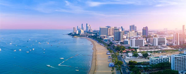 Keuken spatwand met foto Purper Panorama city Pattaya, sunrise on beach promenade Walking street. Aerial view landscape Thailand  © Parilov
