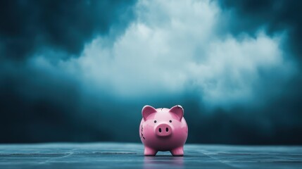 Fototapeta premium A pink piggy bank stands alone against a moody backdrop, symbolizing savings and financial aspirations in a visually striking manner.