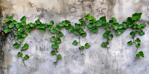 Creeping green leaves growing on a concrete wall create a unique natural pattern, showcasing the beauty of nature with green leaves entwined in urban settings.