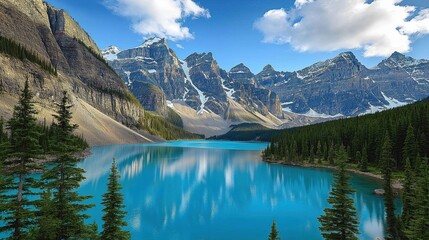 Fototapeta premium Lake surrounded by lush green pine trees and snow capped mountains 