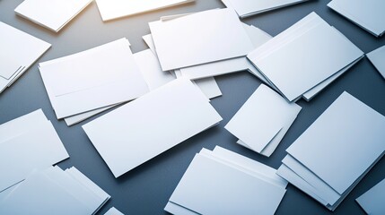 Scattered blank business cards on a dark surface.