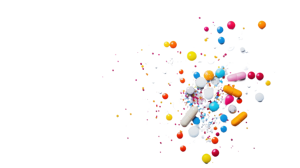 A handful of assorted pills and tablets, vibrant in color and shape, scattered randomly on a bright white background.