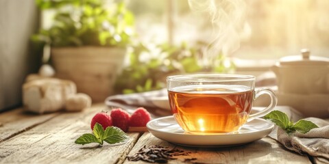 Delight in a cozy breakfast featuring hot tea served on a wooden table, perfect for starting your day with warmth and comfort. Enjoy the soothing aroma of hot tea at your breakfast.