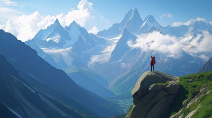 Mountaineer standing on the edge of a cliff surrounded by snow capped mountains
