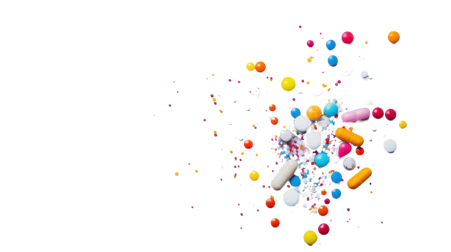 A handful of assorted pills and tablets, vibrant in color and shape, scattered randomly on a bright white background.