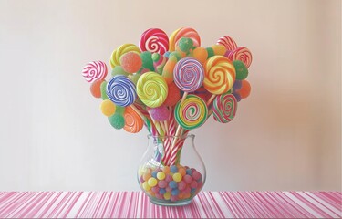 Lollipop and candy in a vase on a table for a party