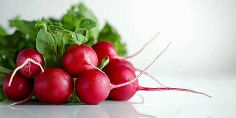 Bright red radishes placed on a clean white background, showcasing the vibrant color and fresh appearance of red radishes, perfect for emphasizing the beauty of red radishes in photography.