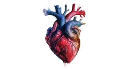 A highly detailed and anatomically accurate human heart, showcasing veins, arteries, and chambers, placed on a clean white background.
