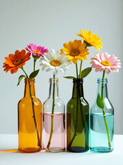 A collection of colorful glass bottles filled with fresh flowers new image