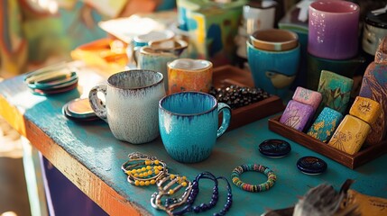 Colorful handmade ceramic mugs, bracelets, and soaps displayed on a rustic wooden table.