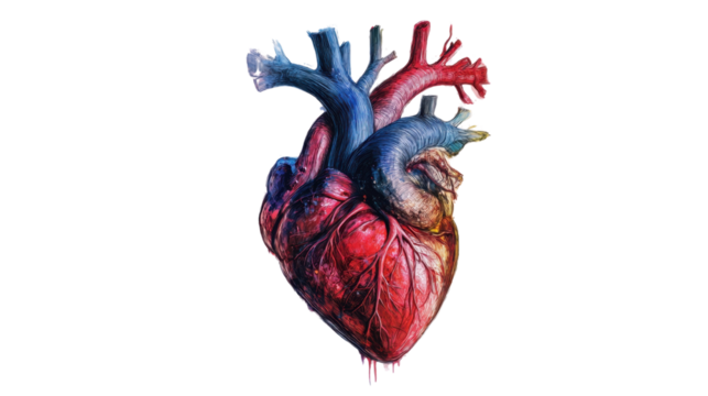 A highly detailed and anatomically accurate human heart, showcasing veins, arteries, and chambers, placed on a clean white background.