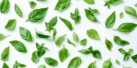Fresh sweet basil leaves presented against a clean white background, showcasing the vibrant green color and texture of sweet basil, perfect for culinary and herbal design themes.