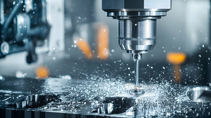 Precision CNC Metal Milling Machine Cutting Steel With Coolant Splashing In A High-Tech Industrial Workshop. Generative AI