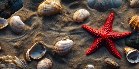 Top view showcasing a vibrant red starfish alongside beautiful seashells on a sandy beach, capturing the essence of summer and beach life with the red starfish and seashells creating a stunning scene.