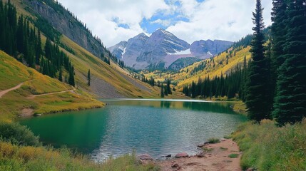 Lake surrounded by lush green pine trees and snow capped mountains 