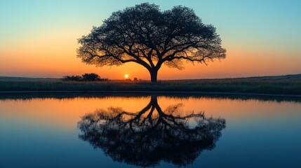 Fototapeta premium Sunrise silhouette of a large tree reflected in a calm pond.