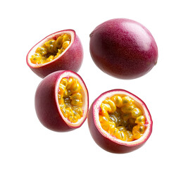 fresh passion fruit cut pieces, ripe pulp with juicy seed, isolated in air, cutout png