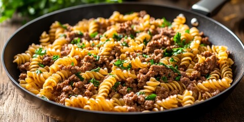 A frying pan showcases a delicious pasta dish made with savory ground beef and sausage. Flavorful minced meat combined with onions fills the large industrial pan.
