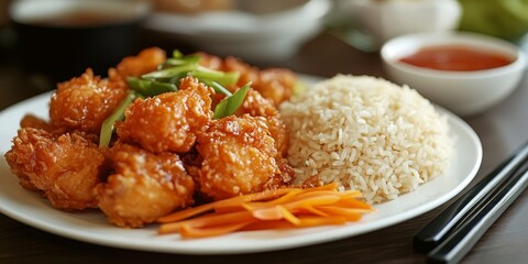 Delicious Chinese food featuring crispy fried chicken served alongside flavorful cereal rice, creating a delightful culinary experience. Enjoy the harmony of Chinese food flavors with this tempting