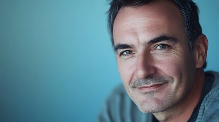 Fototapeta premium A man smiling softly with a melancholic look in his eyes, against a soft blue background