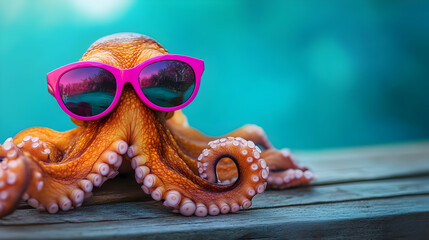 Close-Up Of Octopus Wearing Pink Sunglasses With Reflections Of Scenery, Set Against A Vibrant Background. Generative AI