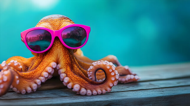 Close-Up Of Octopus Wearing Pink Sunglasses With Reflections Of Scenery, Set Against A Vibrant Background. Generative AI