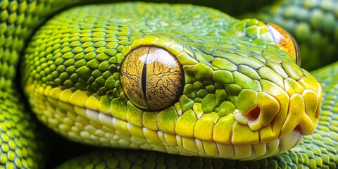 Fototapeta premium Close up of a green tree python showcasing its vibrant scales and unique features, highlighting the intricate details of the eye of a green tree python in a captivating manner.
