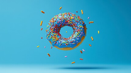 Colorful floating donut with blue icing and vibrant sprinkles against a bright blue background creating a whimsical, fun atmosphere.