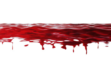 A pool of blood with a reflective surface and rich crimson color, set against a stark white background.