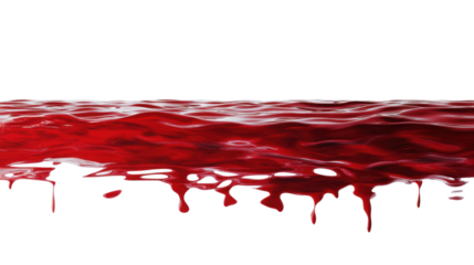 A pool of blood with a reflective surface and rich crimson color, set against a stark white background.