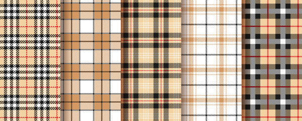 Plaid seamless pattern. Tartan beige background. Flannel table cloth texture. Lumberjack tablecloth. Set Vichy print. Christmas check cloth. Gingham fabric. Kitchen napkin textile. Vector illustration