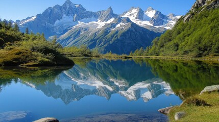 Fototapeta premium Lake surrounded by lush green pine trees and snow capped mountains 
