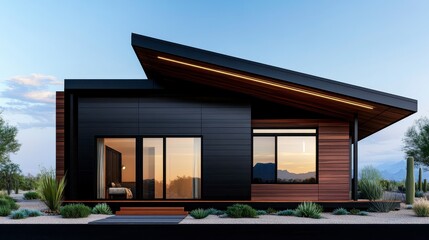 Modern minimalist house with striking architectural design in a serene desert setting under a clear blue sky at sunset