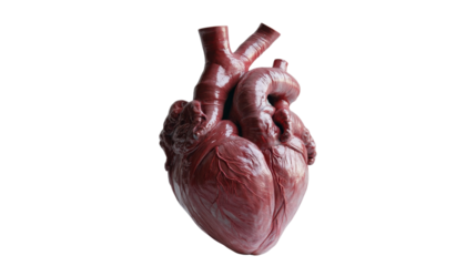 A simplified yet realistic human heart model, with clear details of major vessels and textures, centered on a pristine white background.
