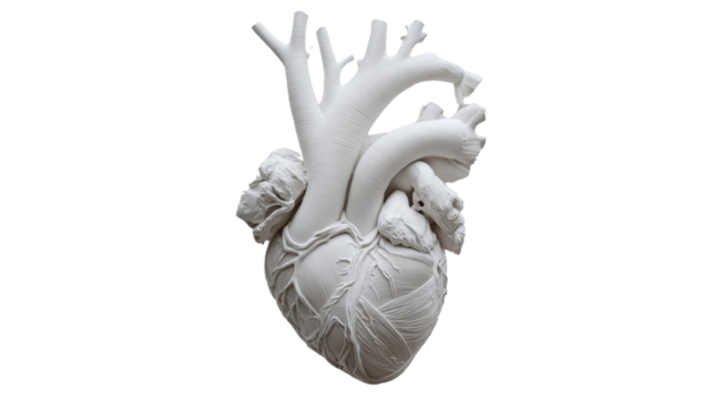 A simplified yet realistic human heart model, with clear details of major vessels and textures, centered on a pristine white background.
