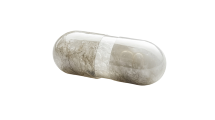 A single liquid-filled capsule with a translucent shell, showing intricate internal details, centered on a white background.