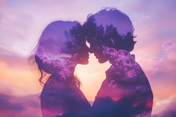 Beautiful silhouette of a young couple in love, boyfriend and girlfriend kissing at sunset. Romantic Valentine's Day background for happy relationships and togetherness