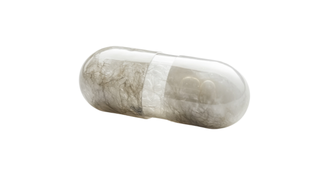 A single liquid-filled capsule with a translucent shell, showing intricate internal details, centered on a white background.
