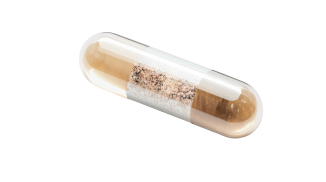 A single liquid-filled capsule with a translucent shell, showing intricate internal details, centered on a white background.
