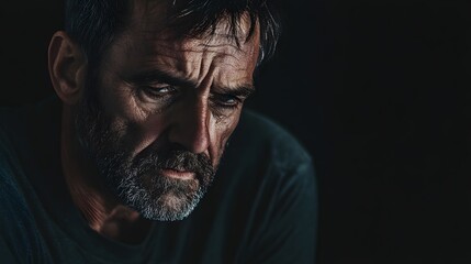 Obraz premium A man with an exhausted look, slouched and eyes half-lidded, against a plain black background