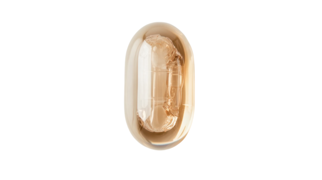 A single liquid-filled capsule with a translucent shell, showing intricate internal details, centered on a white background.