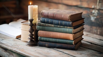 Antique books stacked beside a lit candle on a rustic wooden table.