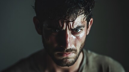 Fototapeta premium A man showing vulnerability, eyes misty with emotion, set against a neutral gray backdrop