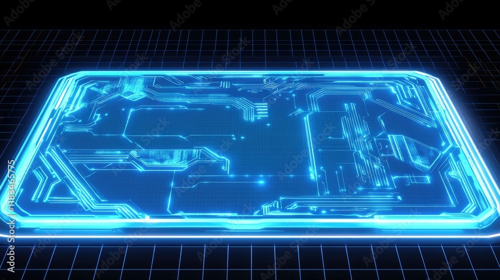 Poster blue neon hologram of a computer screen with futuristic circuit patterns, set on a white grid backgr