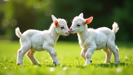 Obraz premium Two white goats playing in the grass. Two little babies, cute friends. new image 