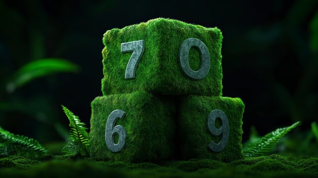 Green moss-covered blocks displaying the numbers 706 and 9 with a lush, natural background for a serene, eco-friendly theme.