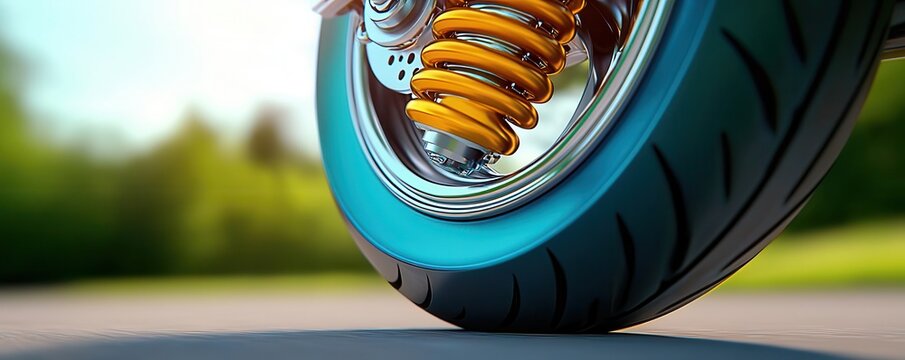 Artistic shot of a motorcycle rear suspension system, highlighting the spring preload adjuster and high polish finish