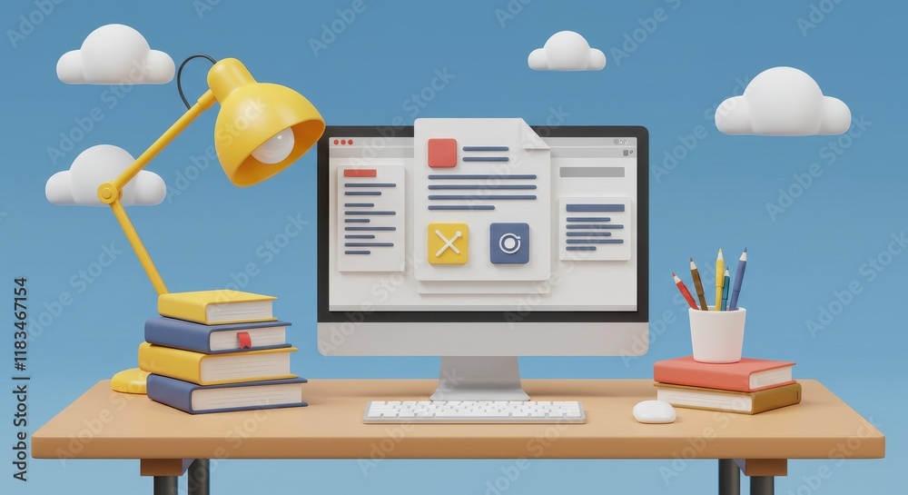 Poster 3d illustration of a desktop computer displaying a document being edited with text and icons