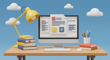 3D illustration of a desktop computer displaying a document being edited with text and icons