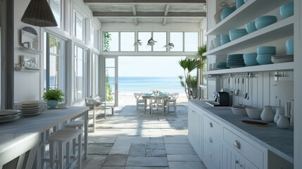 Fototapeta premium Coastal Kitchen: Beachfront Luxury with White Interior Design